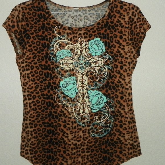 unknown Tops - Brown Leopard Animal Print Teal Cross Top Sm